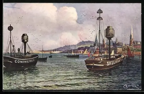 Künstler-AK Feuerschiffe Coningbeg und Skulmartin vor der Küste