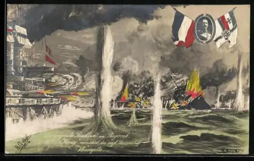 AK Seeschlacht am Skagerrak 1916, SMS König vernichtet das engl. Linienschiff Warspite