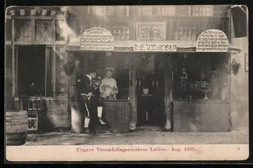 AK Leiden, Gasthaus J. Wolf, Vorderfront mit Gästen, Vreemdelingenverkeer 1908