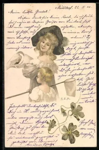 Künstler-AK M. S. M.: Kind mit Käscher und Mädchen mit Blumenstrauss