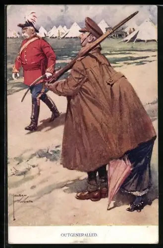 Künstler-AK Lawson Wood: Outgeneralled, Soldat versteckt eine Dame unter seinem Mantel