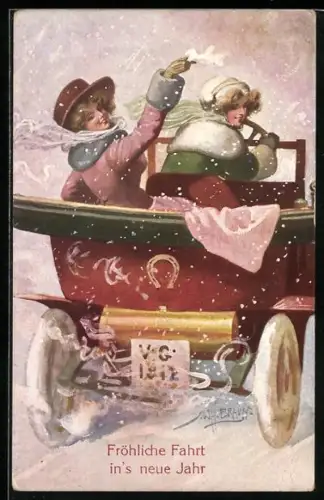 Künstler-AK W. Braun: Zwei Damen fahren im Auto ins neue Jahr