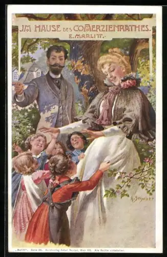 Künstler-AK H. Schubert: Im Hause des Comerzienrathes, Paar umringt von Kindern