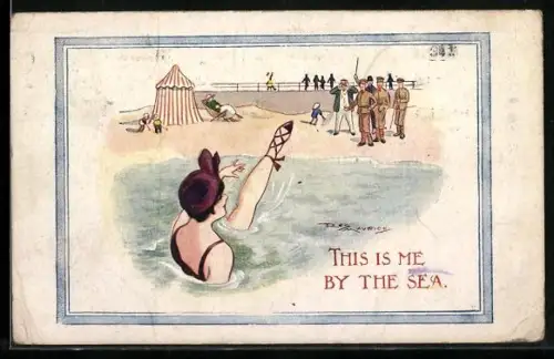 Künstler-AK Maurice: Soldaten beobachten eine Dame beim Baden