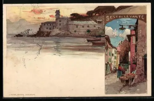 Künstler-AK Manuel Wielandt: Sestri Levante, Strand und Gassenansicht