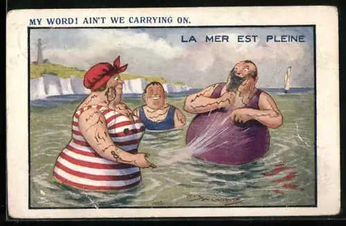 Künstler-AK Maurice: Badende Frau spritzt einen Herren nass