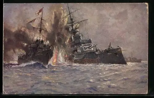 Künstler-AK Hans Bohrdt: Vernichtung des engl. Linienschiffes Triumph, 1. Weltkrieg