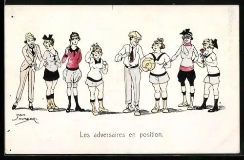 Künstler-AK Jack Number: Schiedsrichter inmitten von Fussballerinnen