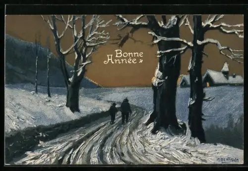 Künstler-AK A. Bertiglia: Zwei Menschen auf einem winterlichen Feldweg