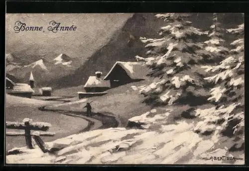 Künstler-AK A. Bertiglia: Verschneites Dorf mit Feldweg