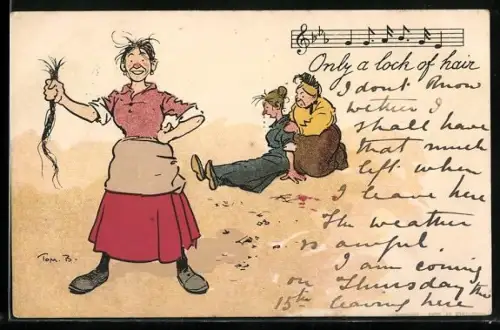 Künstler-AK Tom Browne: Frau hat einer Anderen den Zopf ausgerissen