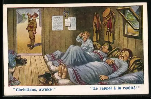 Künstler-AK Donald McGill: Offizier weckt schlafende Soldaten