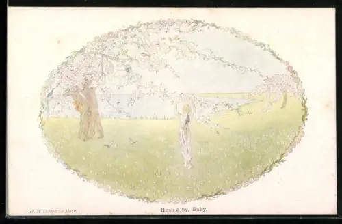 Künstler-AK Henriette Willebeek le Mair: Hush-a-By, Baby, Baby im Korb in blühendem Baum