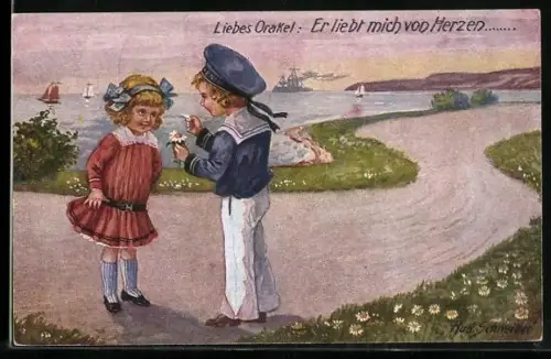 Künstler-AK Rudolf Schneider: Junge im Matrosenanzug und Mädchen am Meer