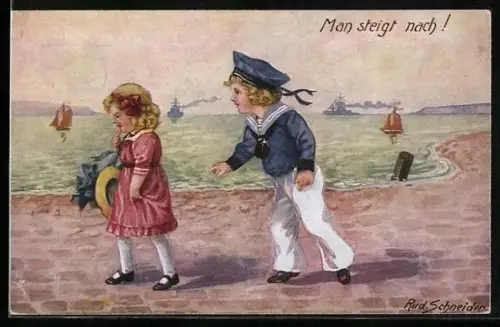 Künstler-AK Rudolf Schneider: Kleiner Matrose schaut einem Mädchen hinterher