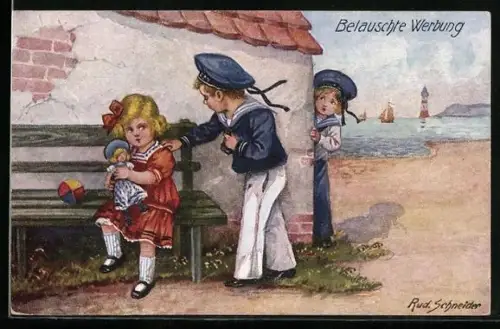 Künstler-AK Rudolf Schneider: Kleiner Matrose belauscht seinen Kameraden und ein Mädchen