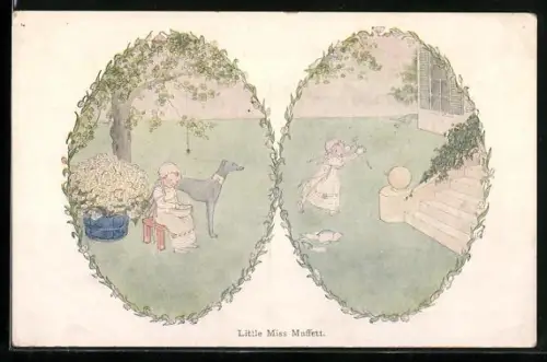 Künstler-AK Henriette Willebeek le Mair: Little Miss Muffett, Hund rennt einem Mädchen davon