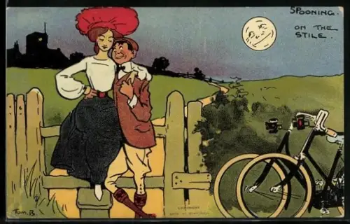 Künstler-AK Tom Browne: Liebespaar auf einer Fahrradtour