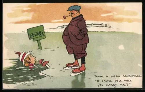 Künstler-AK Tom Browne: Dame fällt in einen zugefrorenen See