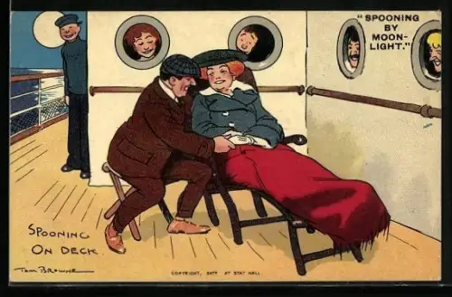 Künstler-AK Tom Browne: Liebespaar an Deck eines Schiffs