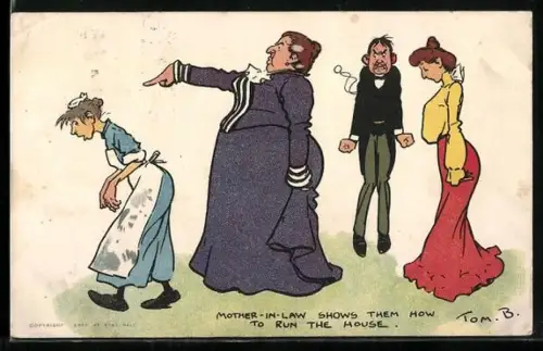 Künstler-AK Tom Browne: Dame kommandiert ein Dienstmädchen herum