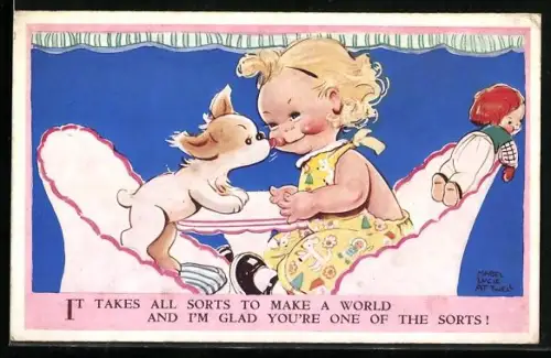 Künstler-AK Mabel Lucie Attwell: Hund leckt Mädchen das Gesicht