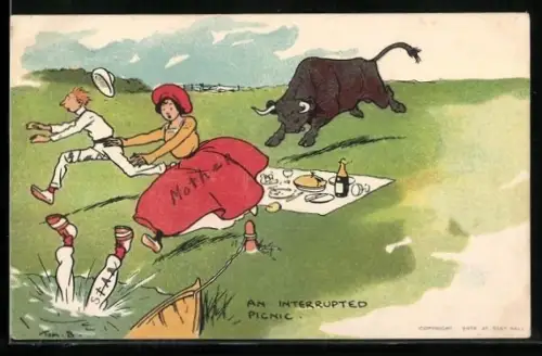 Künstler-AK Tom Browne: Stier vertreibt Ausflügler beim Picknick
