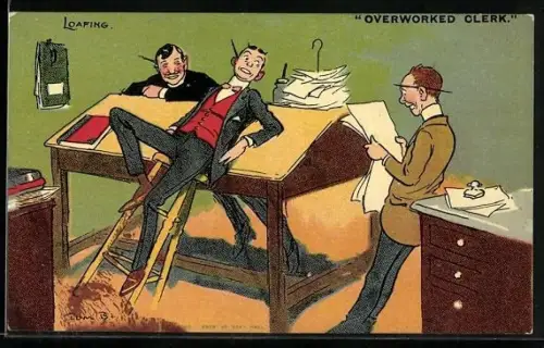 Künstler-AK Tom Browne: Drei Angestellte machen Pause im Büro