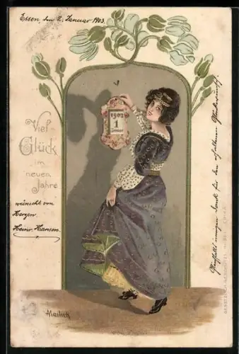 Künstler-AK Alfred Mailick: Frau in lila Kleid an der Haustür, Viel Glück im neuen Jahre