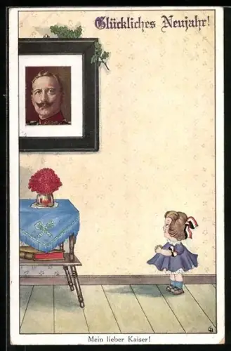 Künstler-AK Carl Diehl: Mädchen schaut auf ein Porträt von Kaiser Wilhelm II.