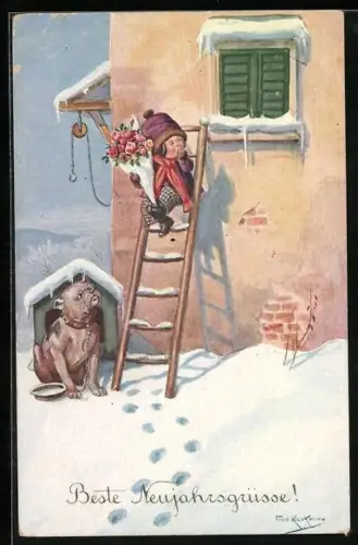 Künstler-AK Friedrich Kaskeline: Hund beobachtet ein Kind auf einer Leiter