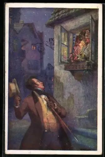 Künstler-AK A. Karpellus: Das Dreimäderlhaus, die Frauen am Fenster