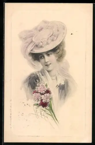 Künstler-AK Wichera: Portrait junge Dame mit Hut und Blumen