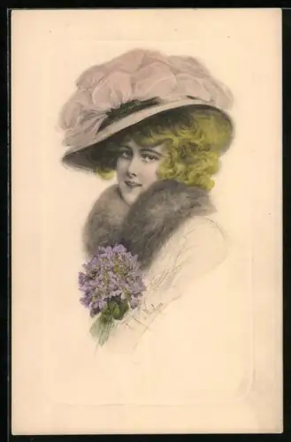 Künstler-AK Wichera: Dame mit Hut und Blumenstrauss