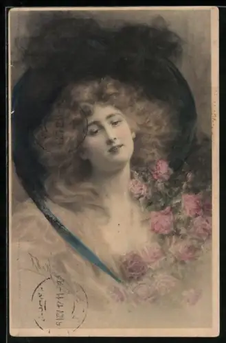 Künstler-AK Wichera: schönes Frau mit grossem Hut und Rosen