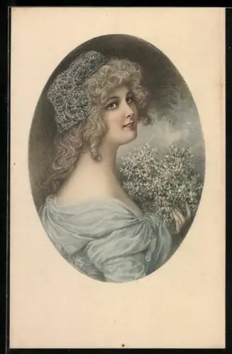 Künstler-AK Wichera: Dame im blauen Kleid mit Blumenstrauss