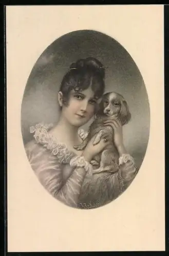 Künstler-AK Wichera: Dame mit Hund auf dem Arm
