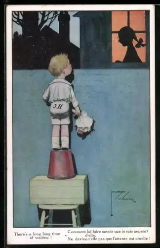 Künstler-AK Lawson Wood: Junge mit Blumenstrauss beobachtet über eine Mauer Mädchen hinter einem Fenster