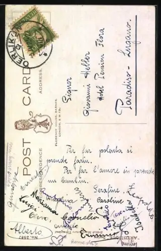 Künstler-AK Lawson Wood: Junge mit Blumenstrauss beobachtet über eine Mauer Mädchen hinter einem Fenster