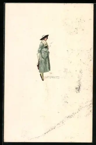 Künstler-AK Mauzan: Dame im blauen Wintermantel mit Pelz