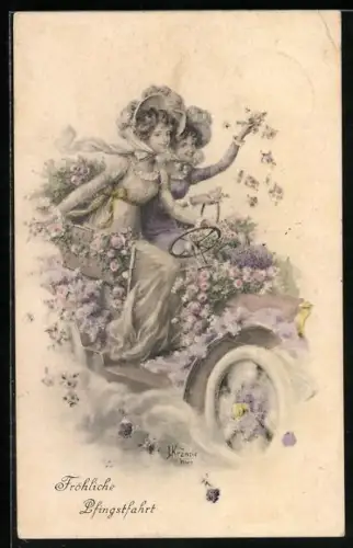 Künstler-AK Kränzle: Zwei Damen in einem blumengeschmückten Auto
