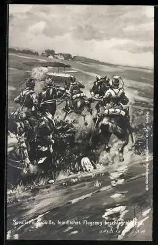 Künstler-AK Court Barber: Kavalleriepatrouille, feindliches Flugzeug beschlagnahmend