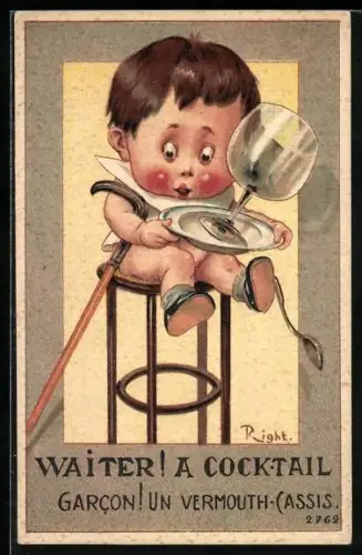 Künstler-AK Right: Waiter! a Cocktail, halbnackter Knabe mit leerem Weinglas auf einem Tablett