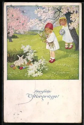 Künstler-AK Pauli Ebner: Mädchen entdecken Osterhasen auf einer Frühlingswiese