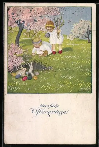 Künstler-AK Pauli Ebner: Kinder suchen Ostereier, Ostergruss