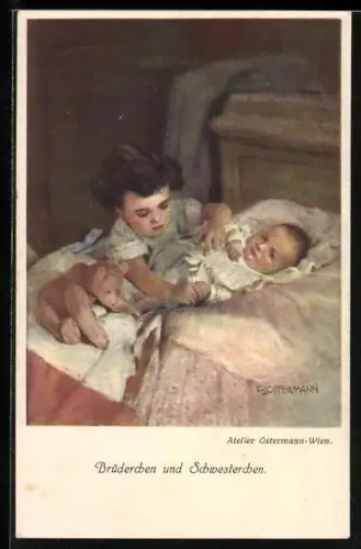 Künstler-AK F. J. Ostermann: Mädchen kümmert sich ums kleine Geschwisterchen