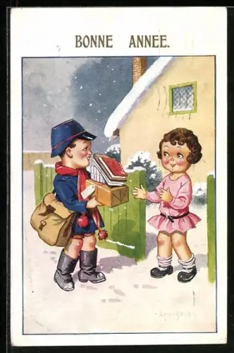 Künstler-AK Donald McGill: Kleiner Briefträger bringt einem Mädchen Pakete