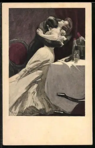 Künstler-AK Ferdinand von Reznicek: Leidenschaftlicher Kavalier vergräbt sein Antlitz im Dekollete einer Dame