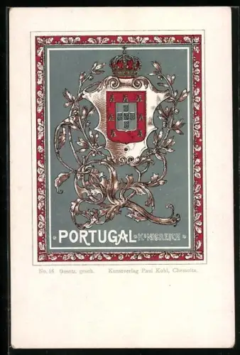AK Portugal, Wappen mit Krone und Ornamenten