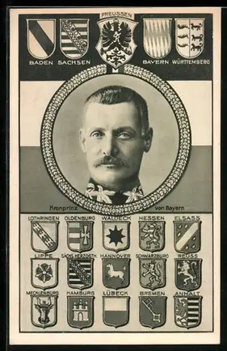 AK Kronprinz Rupprecht von Bayern, Kopf auf altdeutscher Flagge, verschiedene Wappen deutscher Länder